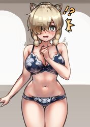 Rule 34 | !?, 1girl, ^^^, alpaca ears, alpaca suri (kemono friends), animal ear fluff, animal ears, arm at side, blonde hair, blush, bra, breasts, bright pupils, cleavage, collarbone, cowboy shot, eyes visible through hair, floral print, furrowed brow, grey eyes, hair over one eye, hand up, highres, kemono friends, large breasts, long bangs, navel, open mouth, panties, print bra, print panties, riro (breakthrough rr), short hair with long locks, smile, solo, stomach, surprised, thigh gap, underwear, underwear only, white pupils