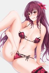 Rule 34 | 1girl, arm support, blush, collarbone, dutch angle, fate/grand order, fate (series), flower, hair flower, hair ornament, hanada yanochi, bridal garter, looking at viewer, navel, presenting, purple hair, red eyes, scathach (fate), scathach (fate/grand order), scathach (swimsuit assassin) (fate), shadow, sitting, solo, spread legs, swimsuit, wavy mouth