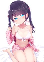 Rule 34 | 1girl, bed sheet, bikini, blush, breasts, chikuwa., closed mouth, front-tie bikini top, front-tie top, half-closed eyes, halterneck, hands up, heart, highres, hood, hoodie, long hair, looking at viewer, medium breasts, navel, open clothes, open hoodie, original, sidelocks, simple background, sitting, sleeves past wrists, solo, swimsuit, tareme, thighs, twintails, wariza, white background, white bikini