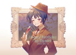 Rule 34 | 1boy, as-zero, blue hair, brown hat, brown jacket, champagne flute, character name, commentary, cup, daniel (project moon), dated, drinking glass, english commentary, fedora, grin, happy birthday, hat, highres, holding, holding cup, jacket, lobotomy corporation, one eye closed, picture frame, project moon, simple background, smile, solo, white background, yellow eyes