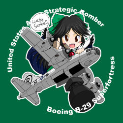 Rule 34 | 1girl, aircraft, airplane, atomic bombings of hiroshima and nagasaki, b-29, b-29 superfortress, black hair, blush stickers, bomb, bomber, brown eyes, chibi, commentary, english text, enola gay (b-29 superfortress), explosive, female focus, little boy (nuclear bomb), long hair, lucky strike, military, military vehicle, nuclear weapon, red eyes, reiuji utsuho, sakurato tsuguhi, solo, thumbs up, touhou, vehicle focus, weapon of mass destruction, wings, world war ii