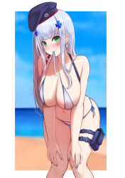 Rule 34 | 1girl, beach, beret, bikini, blue eyes, blue hat, blush, breasts, chinese commentary, cleavage, closed mouth, collarbone, commentary request, day, girls&#039; frontline, green eyes, hair ornament, hat, highres, hk416 (girls&#039; frontline), large breasts, leaning forward, long hair, looking at viewer, navel, ocean, outdoors, paid reward available, popoman, side-tie bikini bottom, sideboob, smile, solo, standing, swimsuit, teardrop facial mark, thighs, white bikini