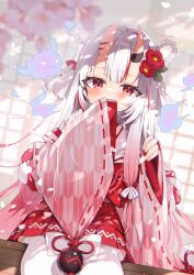 Rule 34 | 1girl, blurry, blurry background, blush, commentary request, covering own mouth, gradient hair, hair between eyes, highres, hololive, horns, japanese clothes, kimono, looking at viewer, multicolored hair, nakiri ayame, nakiri ayame (shrine maiden), noi mine, nontraditional miko, red hair, red kimono, sidelocks, sitting, skin-covered horns, solo, streaked hair, virtual youtuber, white hair, wide sleeves