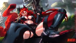 Rule 34 | 1girl, absurdres, ahoge, anti-materiel rifle, artist name, black footwear, black gloves, black jacket, black pants, boots, breasts, building, bullpup, cleavage, commentary, cropped jacket, crotch plate, fang, fingerless gloves, gloves, goddess of victory: nikke, gun, hair between eyes, highres, hip vent, holding, holding clothes, holding gun, holding jacket, holding weapon, horns, jacket, large breasts, leather, leather jacket, leather pants, logo, long hair, long sleeves, mawster yowda, mechanical horns, midriff, navel, open mouth, outdoors, pants, red hair, red hood (nikke), red scarf, rifle, scarf, sidelocks, sitting, skindentation, skyscraper, smile, sniper rifle, solo, suspenders, taking cover, unworn jacket, unzipped, weapon, yellow eyes