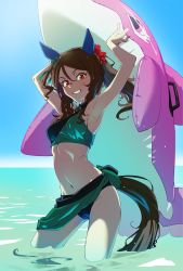 Rule 34 | 1girl, armpits, arms up, bikini, black bikini, brown hair, ear covers, green bikini, green sarong, grin, highres, horse girl, horse tail, hp23, inflatable dolphin, inflatable toy, king halo (umamusume), long hair, looking at viewer, navel, outdoors, partially submerged, red eyes, sarong, smile, solo, standing, stomach, swimsuit, tail, teeth, two-tone bikini, umamusume, water