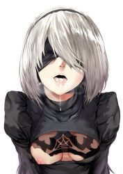Rule 34 | 1girl, black dress, blindfold, breasts, cleavage, cum, cum in mouth, dress, hairband, hews, lips, mole, mole under mouth, nier (series), nier:automata, nipples, one breast out, open mouth, penis, saliva, short hair, silver hair, small breasts, solo, tongue, tongue out, upper body, 2b (nier:automata)