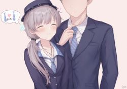 Rule 34 | 1boy, 1girl, ^ ^, blunt bangs, blush, closed eyes, collarbone, crossdressing, faceless, faceless male, floral print, formal, gameso, grey hair, highres, idolmaster, idolmaster shiny colors, jewelry, necklace, necktie, producer (idolmaster), side ponytail, simple background, smile, striped necktie, suit, thought bubble, upper body, yukoku kiriko