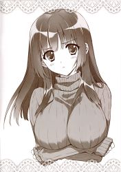Rule 34 | 1girl, :&lt;, absurdres, blush, breast hold, breast rest, breasts, carnelian, female focus, highres, large breasts, long hair, looking at viewer, monochrome, original, ribbed sweater, ruri (carnelian), rurika (carnelian), sleeves past wrists, solo, sweater, turtleneck, upper body