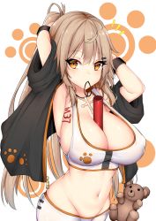 Rule 34 | ^^^, adjusting hair, armpits, arms up, baton, between breasts, bike shorts, black jacket, breasts, brown hair, character name, chixiao, cleavage, collarbone, cowboy shot, cross, girls&#039; frontline, groin, hair ornament, hair tie, hairclip, highres, jacket, jewelry, large breasts, long hair, looking at viewer, m37 (girls&#039; frontline), mouth hold, navel, open clothes, open jacket, orange eyes, paw print, paw print background, pendant, ponytail, skindentation, sleeves pushed up, sports bra, stomach, strap gap, stuffed animal, stuffed toy, tattoo, teddy bear, unzipped, very long hair, wristband, zipper pull tab