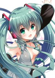 Rule 34 | 1girl, blouse, breasts, cleavage, detached sleeves, green eyes, green hair, grey shirt, hatsune miku, headset, long hair, necktie, no bra, open mouth, outstretched arms, shirt, sleeveless, sleeveless shirt, solo, spread arms, suzui narumi, twintails, vocaloid
