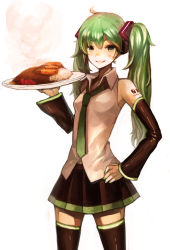 Rule 34 | 1girl, bad id, bad pixiv id, bandaid, bandaid on face, bare shoulders, detached sleeves, food, green eyes, green hair, grin, hand on own hip, hat, hatsune miku, hip focus, hozon rule, long hair, matching hair/eyes, nail polish, necktie, plate, rice, simple background, smile, solo, thighhighs, twintails, vocaloid, zettai ryouiki
