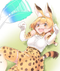 Rule 34 | 10s, :d, animal ears, arms up, bad id, bad pixiv id, blonde hair, bow, bowtie, breasts, elbow gloves, fang, feathers, gloves, grass, happy, highres, kemono friends, lying, on back, on grass, open mouth, playing, sakoku (rh ty ks), serval (kemono friends), serval print, serval tail, short hair, sleeveless, smile, solo, tail, thighhighs