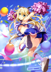 Rule 34 | 1girl, :o, absurdres, airborne, armpits, arms up, ass, balloon, blonde hair, blouse, blue buruma, blue eyes, blue skirt, blue sky, blush, bow, breasts, buruma, buruma under skirt, cheerleader, clothes writing, day, dress, embarrassed, fujima takuya, hair between eyes, hair bow, hairband, highres, jumping, kneehighs, large breasts, long hair, looking at viewer, midriff, no bra, official art, open mouth, pink pom poms, pom pom (cheerleading), print shirt, print skirt, red bow, red hairband, red stripes, rigel (z/x), scan, shirt, shoes, skindentation, skirt, sky, sleeveless, sleeveless dress, sleeveless shirt, sneakers, socks, solo, stadium, striped clothes, striped socks, tongue, underboob, white footwear, white shirt, white socks, z/x