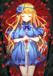 Rule 34 | 1girl, bison cangshu, blonde hair, blue dress, blue flower, character request, dress, closed eyes, flower, hair flower, hair ornament, holding, holding sword, holding weapon, long hair, red flower, solo, sword, weapon