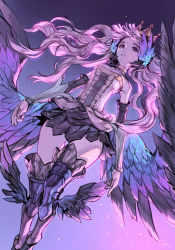 Rule 34 | 1girl, alternate hairstyle, armor, armored dress, bare shoulders, blue eyes, breasts, choker, commentary, crown, dress, feather hair ornament, feathers, gwendolyn (odin sphere), hair ornament, head wings, highres, leg wings, long hair, looking at viewer, low wings, odin sphere, parted lips, pteruges, racoona, small breasts, solo, strapless, strapless dress, thighhighs, white hair, wings