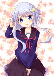 Rule 34 | 1girl, :d, arm up, black skirt, blue eyes, blue shirt, blush, collarbone, commentary request, crescent, crescent hair ornament, hair ornament, hair ribbon, head tilt, kantai collection, leaf, leaf background, light purple hair, long hair, long sleeves, looking at viewer, open mouth, pink ribbon, pleated skirt, ribbon, school uniform, serafuku, shirt, short hair with long locks, sidelocks, skirt, smile, solo, sou (soutennkouchi), tareme, upper body, yayoi (kancolle)