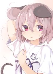 Rule 34 | 1girl, akagashi hagane, alternate costume, animal ears, arm up, grey hair, hot, mouse ears, mouse tail, nazrin, parted lips, red eyes, shirt, short hair, solo, steam, sweat, t-shirt, tail, touhou