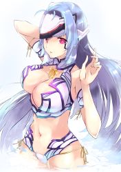 Rule 34 | 1girl, absurdres, bikini, blue hair, breasts, center opening, cleavage, cowboy shot, forehead protector, highres, kos-mos, kos-mos re:, large breasts, long hair, navel, red eyes, risumi (taka-fallcherryblossom), solo, swimsuit, very long hair, water, white background, white bikini, xenoblade chronicles (series), xenoblade chronicles 2, xenosaga