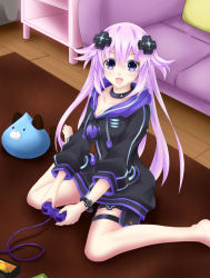 Rule 34 | 1girl, :d, adult neptune, bare legs, barefoot, black choker, black jacket, blush, breasts, choker, cleavage, commentary request, controller, couch, d-pad, d-pad hair ornament, dogoo, full body, hair between eyes, hair ornament, happy, highres, holding, holding controller, holster, hood, hooded jacket, indoors, jacket, long hair, looking at viewer, medium breasts, neptune (series), no shoes, on floor, open mouth, playing games, purple eyes, purple hair, seshiro (which501), shin jigen game neptune vii, sitting, smile, solo, stuffed toy, thigh strap, usb, very long hair, video game, wariza, wristband, zipper pull tab