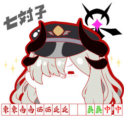 Rule 34 | black hat, blue archive, blush, closed eyes, facing viewer, grey hair, grin, hair over eyes, halo, hand up, hat, highres, horns, kurukurumagical, long hair, mahjong, mahjong tile, makoto (blue archive), outline, peaked cap, red outline, simple background, smile, sparkle, translation request, tsuuiisou, v-shaped eyebrows, very long hair, white background