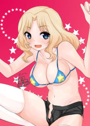 Rule 34 | 10s, 1girl, bikini, bikini top only, blonde hair, blue eyes, blush, breasts, girls und panzer, ichi koichi, ichiko (ichi), kay (girls und panzer), large breasts, long hair, looking at viewer, open clothes, open fly, open mouth, open shorts, short shorts, shorts, smile, solo, swimsuit, thighhighs, unzipped, white thighhighs