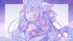 Rule 34 | 1girl, :d, ahoge, animal ear fluff, animal ears, artist name, bare shoulders, blunt bangs, blush, border, breasts, closed eyes, copyright request, crying, facing viewer, fang, grey hair, long hair, long sleeves, medium breasts, mishiro (iromishiro), multicolored hair, open mouth, outside border, puffy long sleeves, puffy sleeves, purple border, purple hair, purple scarf, scarf, simple background, skin fang, sleeves past wrists, smile, solo, streaked hair, tears, twitter username, two-tone hair, upper body, very long hair, white background