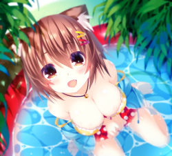 Rule 34 | 1girl, :d, animal ears, blurry, breasts, brown hair, cat ears, cleavage, depth of field, from above, hair ornament, hairclip, highres, jewelry, large breasts, looking at viewer, looking up, necklace, ooji cha, open mouth, original, polka dot, polka dot swimsuit, pool, short hair, smile, solo, strap slip, swimsuit