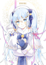 Rule 34 | 1girl, 1other, beret, blue bow, blue eyes, blue gloves, blue hair, blue neckwear, blue tabard, book, bow, braid, braided bangs, capelet, character name, cherry blossoms, commentary, dress, emo (ricemo), english text, engrish text, falling petals, fortissimo, fur-trimmed capelet, fur trim, gloves, glowing, gold trim, hair bow, hair ornament, hat, hatsune miku, holding, holding book, light blue hair, long hair, looking at viewer, musical note, musical note hair ornament, on shoulder, petals, pink ribbon, rabbit yukine, ranguage, ribbon, smile, snowflake print, tabard, treble clef, twintails, upper body, very long hair, vocaloid, white background, white capelet, white dress, white headwear, yuki miku, yuki miku (2021)
