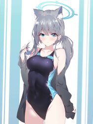 Rule 34 | 1girl, alternate hair length, alternate hairstyle, animal ear fluff, animal ears, black jacket, black one-piece swimsuit, blue archive, blue eyes, breasts, cleavage, collarbone, commentary, competition school swimsuit, cross hair ornament, earrings, extra ears, grey hair, hair between eyes, hair ornament, halkawa501, halo, highres, jacket, jewelry, long hair, looking at viewer, medium breasts, mismatched pupils, official alternate costume, official alternate hairstyle, one-piece swimsuit, open clothes, open jacket, ponytail, school swimsuit, shiroko (blue archive), shiroko (swimsuit) (blue archive), sidelocks, simple background, solo, swimsuit, two-tone background, two-tone swimsuit, wolf ears, wolf girl