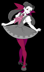 Rule 34 | 1girl, absurdres, black background, closed mouth, clothes lift, creatures (company), crossed legs, curtsey, dress, female focus, forehead, full body, game freak, gym leader, hair ornament, happy, highres, lifted by self, long hair, looking at viewer, monochrome, necktie, nintendo, pantyhose, pinafore dress, pokemon, pokemon oras, puffy short sleeves, puffy sleeves, red eyes, red necktie, red pantyhose, roxanne (pokemon), shirt, shoes, short sleeves, simple background, skirt, skirt lift, sleeveless, sleeveless dress, smile, solo, standing, turiganesou800
