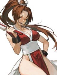 Rule 34 | 1girl, ;d, bare shoulders, breasts, brown eyes, brown hair, cleavage, collarbone, covered erect nipples, cowboy shot, fatal fury, folded fan, folding fan, hand fan, highres, holding, holding fan, holding weapon, japanese clothes, large breasts, long hair, looking at viewer, ninja, no bra, one eye closed, open mouth, parted bangs, ponytail, shiranui mai, simple background, sleeveless, smile, snk, solo, teeth, the king of fighters, thighs, uncle rabbit ii, weapon, white background
