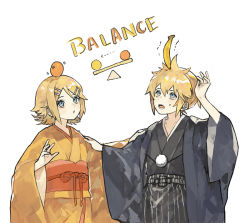 Rule 34 | balancing on head, banana, blonde hair, blue eyes, food, food on head, fruit, fruit on head, hair ornament, hairclip, hand up, japanese clothes, kagamine len, kagamine rin, kimono, lttinluca, object on head, open mouth, orange (fruit), parted lips, short hair, vocaloid, white background