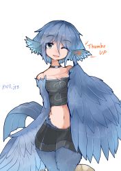 Rule 34 | absurdres, animal ears, bare shoulders, bird ears, bird tail, bird wings, blue eyes, blue feathers, blue hair, choker, english text, feathered wings, feathers, grey eyes, harpy, highres, midriff, monster girl, navel, one eye closed, open mouth, original, rnd.jpg (artist), skirt, solo, tail, thumbs up, winged arms, wings