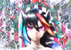Rule 34 | 1girl, bad id, bad pixiv id, black hair, blonde hair, blue eyes, bug, butterfly, check commentary, collarbone, colored eyelashes, commentary request, expressionless, flower ornament, galaxy, gradient hair, grey horns, halftone, halftone background, highres, horns, insect, kijin seija, lips, looking at viewer, multicolored hair, neck, polka dot, polka dot background, portrait, psychedelic, purple eyes, red hair, solo, space, streaked hair, striped, striped background, touhou, white hair, wind, yellow pupils, yuxyon