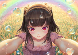 Rule 34 | 1girl, absurdres, backlighting, blunt bangs, blurry, blush, closed mouth, crying, crying with eyes open, depth of field, dress, eyebrows, field, flower, flower field, foreshortening, frilled sleeves, frills, hair ribbon, highres, looking at viewer, md5 mismatch, orange ribbon, original, outstretched arms, pink dress, pink lips, rainbow, red eyes, resized, resolution mismatch, ribbon, short sleeves, sinad aruatjanapat, solo, source smaller, sunlight, tears, twintails, upscaled, water, water drop