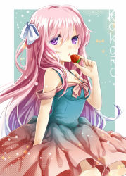 Rule 34 | 1girl, alternate costume, bare arms, bare shoulders, blue dress, blue skirt, bow, dress, expressionless, food, fruit, gradient dress, hair ribbon, hata no kokoro, long hair, looking at viewer, multicolored clothes, multicolored skirt, off shoulder, open mouth, pink dress, pink eyes, pink hair, pink skirt, purple eyes, ribbon, skirt, sleeveless, sleeveless dress, solo, strawberry, touhou, very long hair, yuya (night lily)