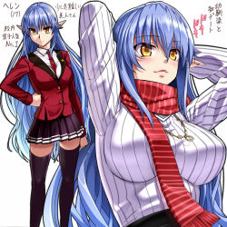 Rule 34 | 1girl, arms up, between breasts, blazer, blue hair, blush, breasts, elf, hand on own hip, jacket, jewelry, large breasts, long hair, necklace, necktie, necktie between breasts, nyamota, original, pointy ears, red necktie, scarf, school uniform, sweater, thighhighs, very long hair, yellow eyes, zettai ryouiki