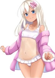 Rule 34 | 1girl, bikini, bikini skirt, blonde hair, blue eyes, breasts, cowboy shot, frilled skirt, frills, hair ribbon, highres, jacket, kantai collection, long hair, looking at viewer, off-shoulder jacket, off shoulder, official alternate costume, one-piece tan, open clothes, open jacket, pink jacket, ribbon, ro-500 (kancolle), simple background, skirt, sky, small breasts, smile, solo, standing, swimsuit, tan, tanline, totoraisu, white background, white bikini