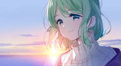 Rule 34 | 1girl, aged up, blue eyes, closed mouth, copyright request, earrings, green hair, horizon, jewelry, looking away, meito (maze), ocean, outdoors, ribbed sweater, smile, solo, stud earrings, sunset, sweater, turtleneck, turtleneck sweater, upper body, virtual youtuber, water, white sweater