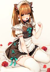 Rule 34 | 1girl, animal ears, apron, aqua ribbon, artist name, bed sheet, beige background, black dress, black ribbon, blush, breasts, brown eyes, brown hair, cat ears, commentary request, dress, flower, frilled apron, frilled shirt collar, frills, hair ribbon, hand up, long hair, looking at viewer, maid, maid apron, maid headdress, marota, no shoes, open mouth, original, partial commentary, petals, petticoat, pom pom (clothes), puffy short sleeves, puffy sleeves, red flower, red rose, ribbon, rose, rose petals, shirt, short dress, short sleeves, sidelocks, sitting, small breasts, solo, thick thighs, thighhighs, thighs, twitter username, waist apron, wariza, white apron, white shirt, white thighhighs, zettai ryouiki