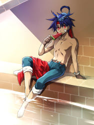 Rule 34 | 1boy, animal, animal on head, bandages, bandage on face, barefoot, blue hair, brick wall, brown gloves, eating, food, gloves, hanpan, headband, highres, kanikame, male focus, on head, pants, pants rolled up, partially submerged, popsicle, red eyes, rody roughnight, unworn shirt, topless male, single glove, sitting, soaking feet, solo, water, wild arms, wild arms 1