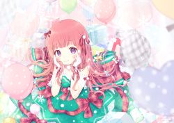 Rule 34 | 1girl, balloon, bare shoulders, blurry, blurry foreground, blush, christmas, closed mouth, commentary request, depth of field, dress, gloves, green dress, hair ribbon, hands on own cheeks, hands on own face, hands up, heart balloon, kon hoshiro, long dress, long hair, looking at viewer, original, pink hair, plaid, plaid ribbon, polka dot, purple eyes, red ribbon, ribbon, sitting, smile, solo, tareme, white gloves