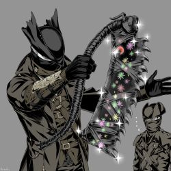 Rule 34 | ..., 2boys, arizuka (catacombe), artist name, bag, black coat, black eyes, black gloves, black headwear, bloodborne, blue eyes, brown shirt, coat, gloves, grey background, hands up, hat, holding, holding weapon, hunter (bloodborne), jewelry, jitome, long coat, long sleeves, looking at another, looking down, male focus, mask, mouth mask, multiple boys, open hand, pendant, satchel, saw, saw cleaver, shirt, short hair, simple background, sparkle, standing, sweatdrop, tricorne, upper body, vambraces, very short hair, weapon
