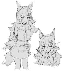 Rule 34 | 1girl, ;p, animal ear fluff, animal ears, choker, closed mouth, crop top, detached sleeves, greyscale, hair between eyes, hair ornament, hands on own cheeks, hands on own face, head rest, heart, highres, hololive, long hair, looking at viewer, midriff, monochrome, necktie, one eye closed, ookami mio, portrait, ruka tou, sailor collar, simple background, sketch, skirt, smile, tail, tongue, tongue out, virtual youtuber, white background