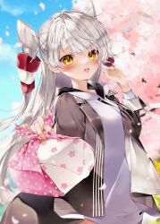 Rule 34 | 1girl, amatsukaze (kancolle), black jacket, blush, cherry blossoms, commentary request, day, grey hair, grey hoodie, hair tubes, highres, holding, hood, hoodie, irokiiro, jacket, kantai collection, long hair, long sleeves, open clothes, open jacket, open mouth, outdoors, petals, smile, solo, spring (season), two side up, upper body, yellow eyes