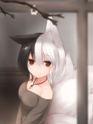 Rule 34 | 1girl, animal ears, bare shoulders, black hair, blush, breasts, brown eyes, cleavage, fox ears, fox tail, jewelry, kisaragi yuki (sora saki), looking at viewer, looking outside, medium breasts, multicolored hair, multiple tails, necklace, original, solo, split-color hair, tail, two-tone hair, upper body, white hair