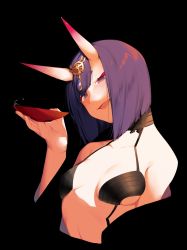 Rule 34 | 1girl, black background, blush, breasts, cup, fate/grand order, fate (series), hair ornament, highres, holding, holding cup, horns, looking at viewer, menea, oni, open mouth, purple eyes, purple hair, sakazuki, short hair, shuten douji (fate), skin-covered horns, small breasts, smile, solo