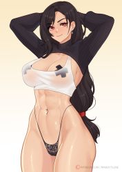 Rule 34 | 1girl, abs, absurdres, arms behind head, black hair, breasts, cross pasties, final fantasy, final fantasy vii, final fantasy vii remake, highres, large breasts, legs, lingerie, long hair, looking at viewer, low-tied long hair, mandytsune, navel, navel piercing, pasties, piercing, red eyes, smile, square enix, tank top, tape, tape on nipples, thick thighs, thighs, thong, tifa lockhart, toned, underwear, white tank top, wide hips