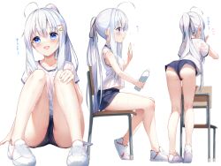 Rule 34 | 1girl, ahoge, bare legs, black ribbon, fortissimo, from behind, grey hair, gym uniform, hair ornament, hairclip, highres, long hair, multiple views, musical note, musical note hair ornament, nagai noa (sironora), open mouth, original, ponytail, ribbon, short sleeves, shorts, sidelocks, simple background, sironora, sitting, triangle hair ornament