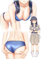 Rule 34 | 1girl, ahoge, ass, bag, black hair, blue bra, blue panties, blush, boots, bra, breasts, brown eyes, cleavage, closed mouth, collarbone, dress, fingernails, grey dress, highres, kantai collection, large breasts, long hair, multiple views, open mouth, panties, short sleeves, shoulder bag, simple background, underwear, ushio (kancolle), white background, white footwear, zuki